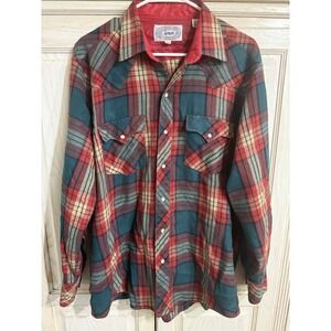 VTG ATB Authentic Western Wear Plaid Shirt Sz 16.5 34/35 Long Sleeve Pearl Snap